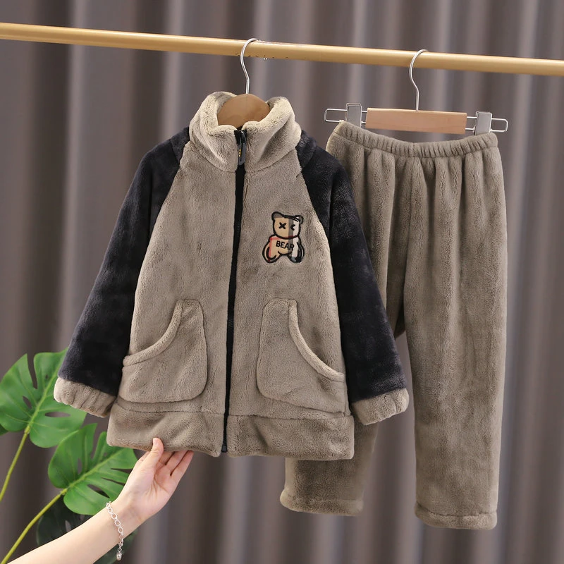 儿童睡衣珊瑚绒男童女童法兰绒秋冬季拉链套装宝宝家居服运动套装