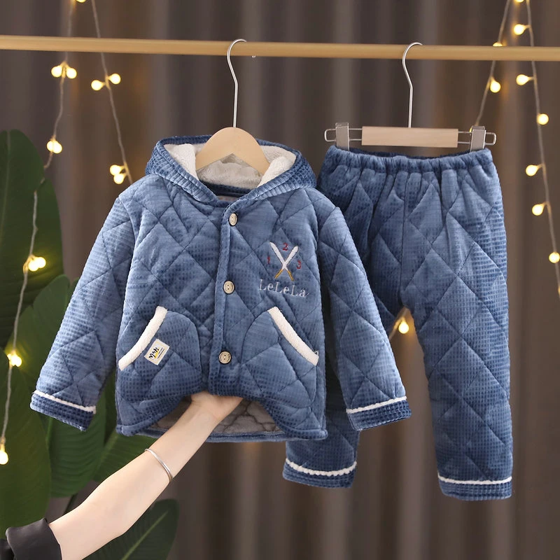 儿童睡衣冬季男童女童法兰绒三层夹棉宝宝加绒加厚款珊瑚绒家居服