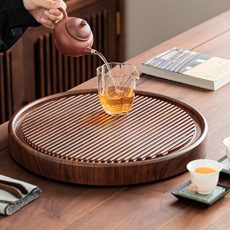 整板圆形茶盘38CM复古家用简约实木电木纹干泡盘茶盘