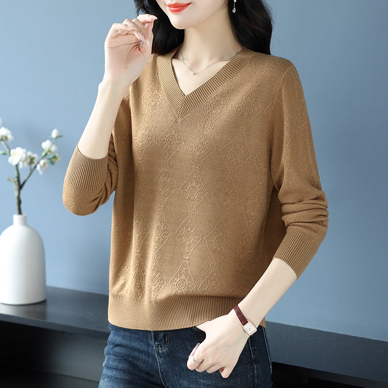 新款秋季桑蚕丝t恤女宽松遮肚子上衣2024年妈妈洋气v领针织打底衫