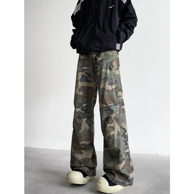 迷彩工装牛仔裤男春秋美式高街潮牌宽松直筒阔腿休闲长裤子