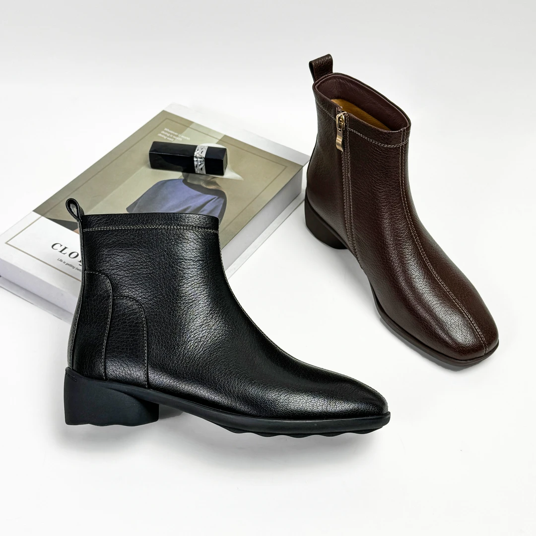 3CM低跟秋冬短靴上新时尚休闲百搭真皮粗跟潮流英伦风复古加绒