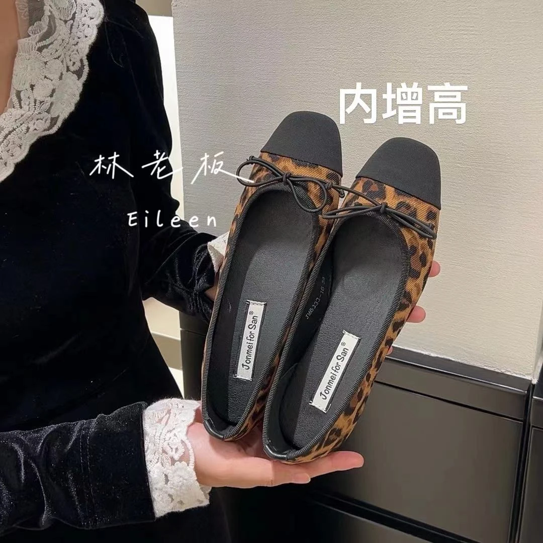 韩版简约拼色鞋头豹纹蝴蝶结浅口内增高女鞋休闲百搭小单鞋