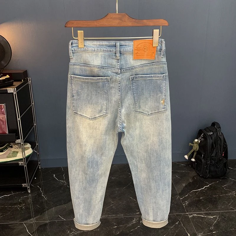 2025新款浅色潮牌破洞九分牛仔裤男春秋新款小脚弹力宽松哈伦裤子