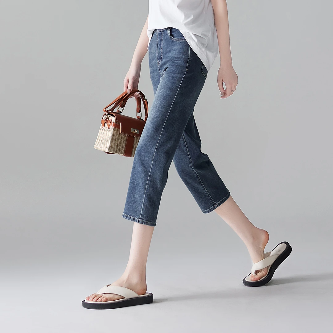 索菲丝尔【弹力修身七分牛仔裤】女2024夏季薄款休闲百搭小脚裤高腰