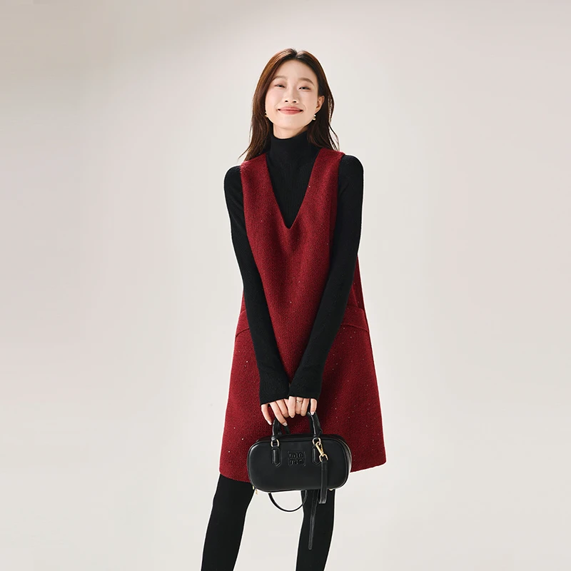 索菲丝尔小香风V领毛呢羊毛背心裙2024冬季中长款连衣裙446001