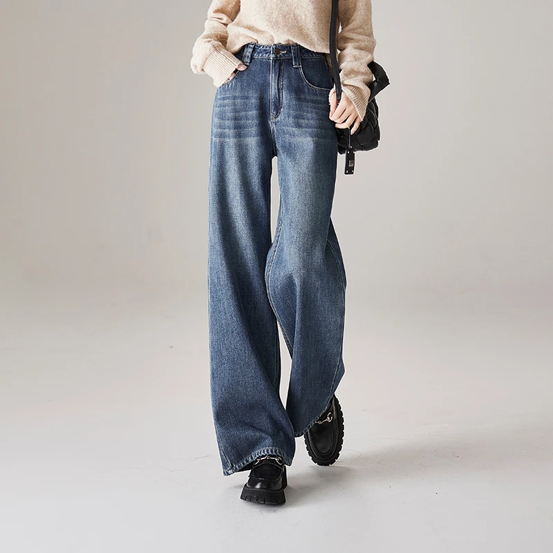 索菲丝尔【内里复绒】高腰显瘦阔腿牛仔裤女2024冬季拖地裤442005