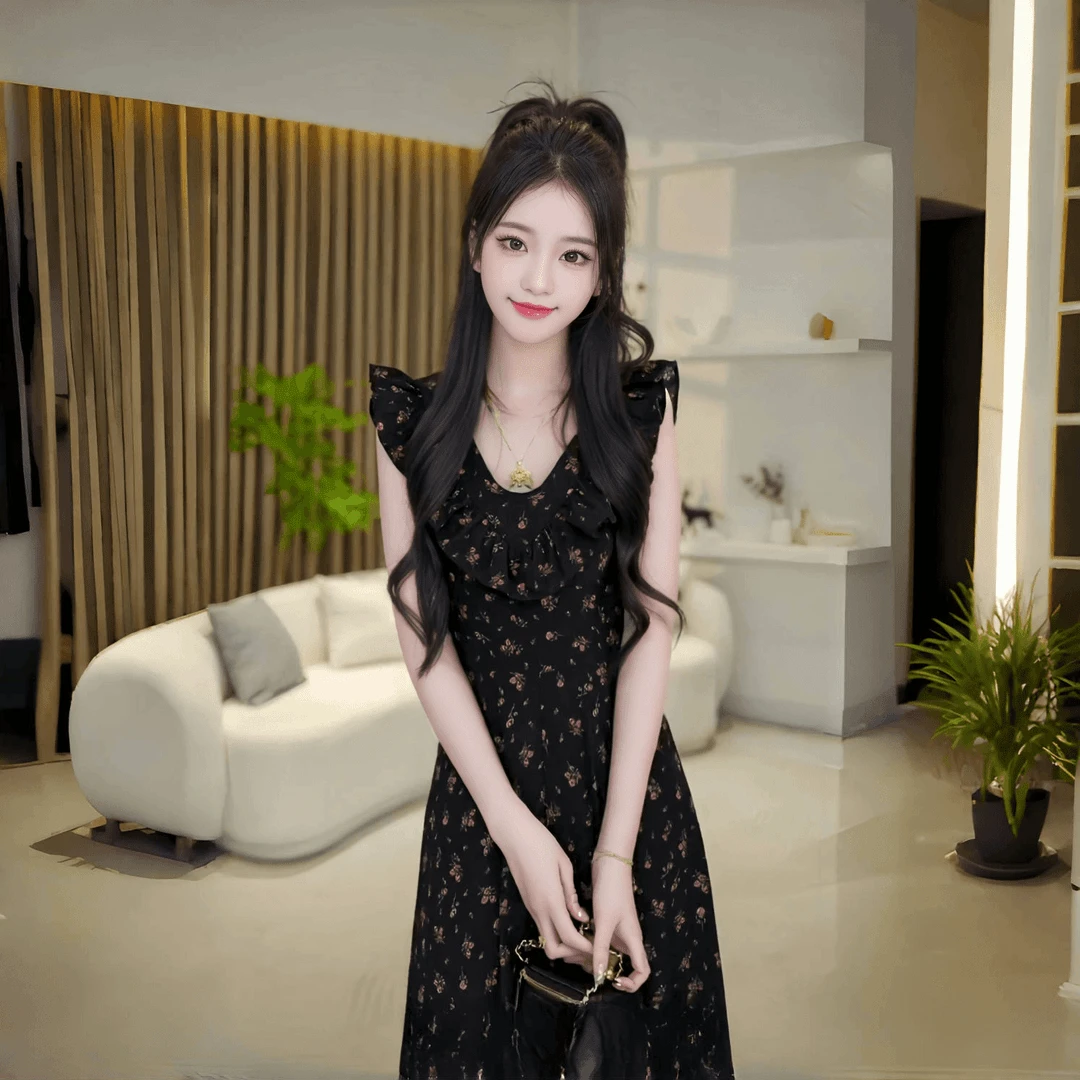 A418复古初恋小个子碎花长裙2025年夏新款小众修身系带别致连衣裙