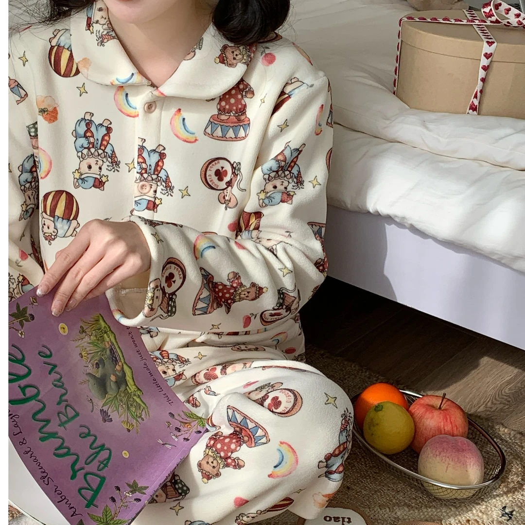 秋冬2024年新款家居服【马戏团】加厚奥粒绒睡衣女保暖套装可外穿