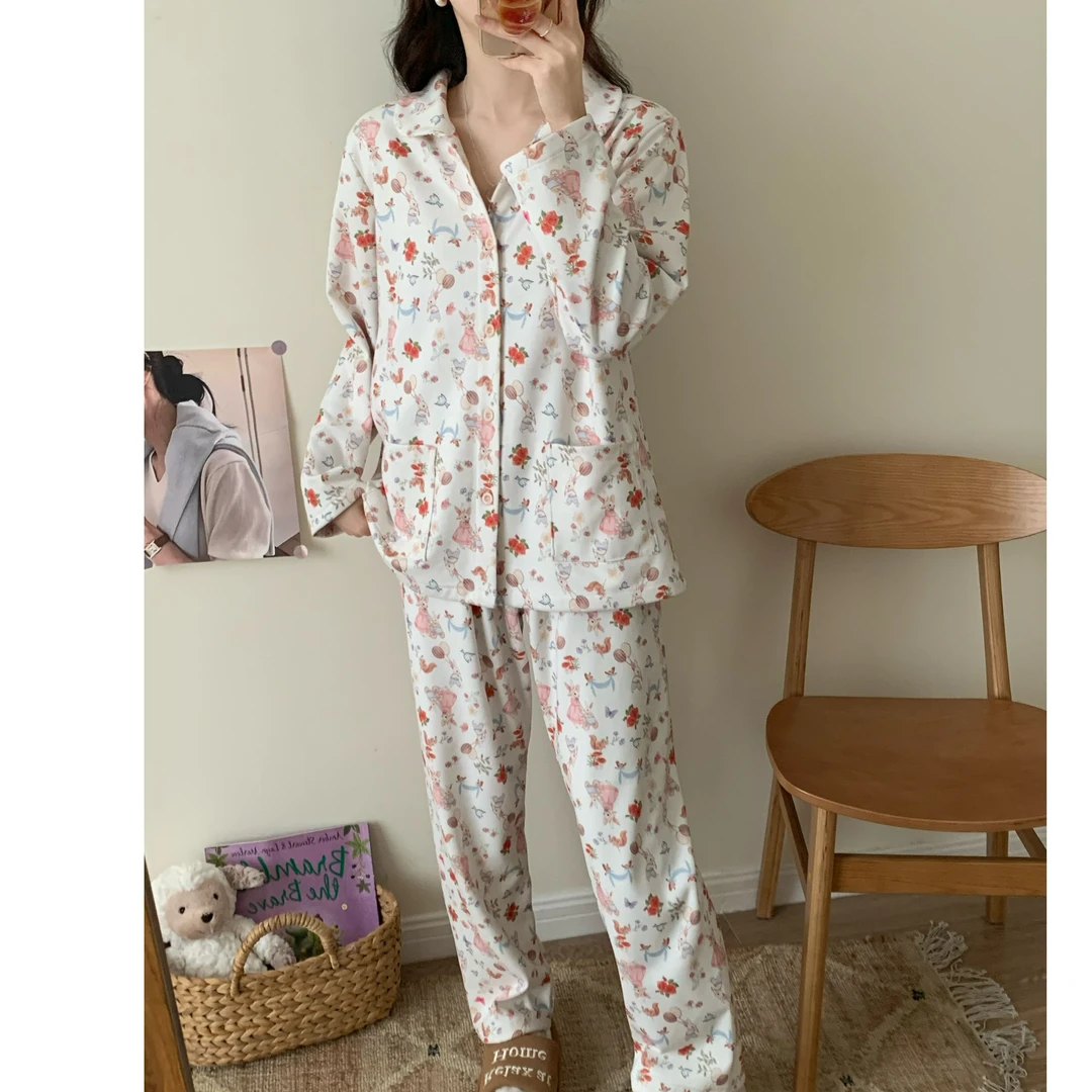 抗菌德绒羊绒桑蚕丝加厚保暖睡衣女士可外穿家居服套装【兔子花园】