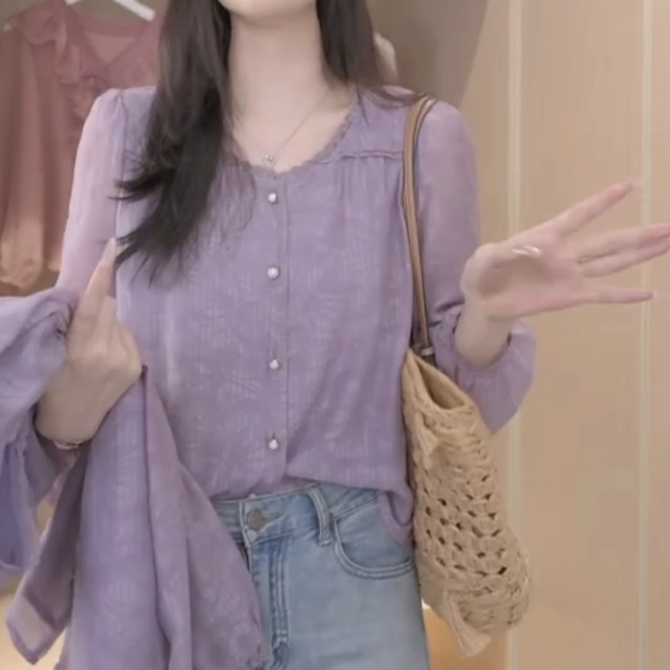 【大脸哈】百搭时尚长袖衬衫女甜美圆领上衣设计感宽松小衫