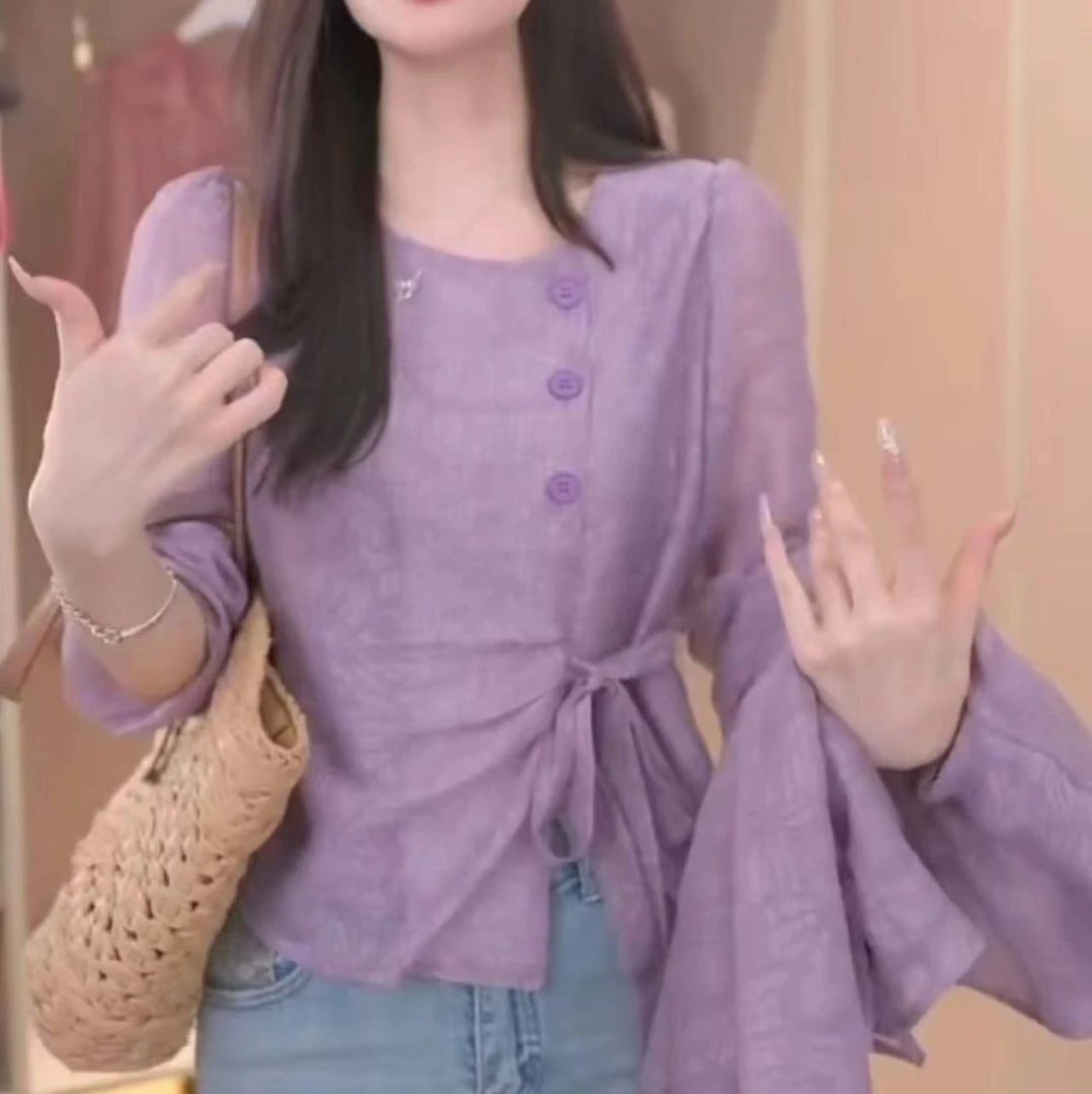 【大脸哈】优雅不规则系带泡泡袖衬衫女2024秋季设感长袖衬衣