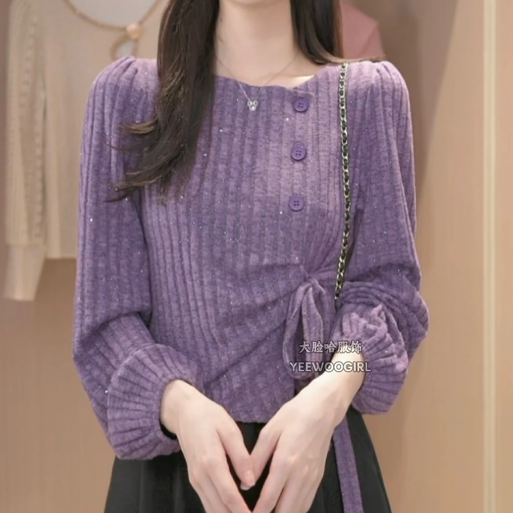 【大脸哈】[现货]紫色不规则系带衬衫女2024秋季新款设小众长袖衬衣