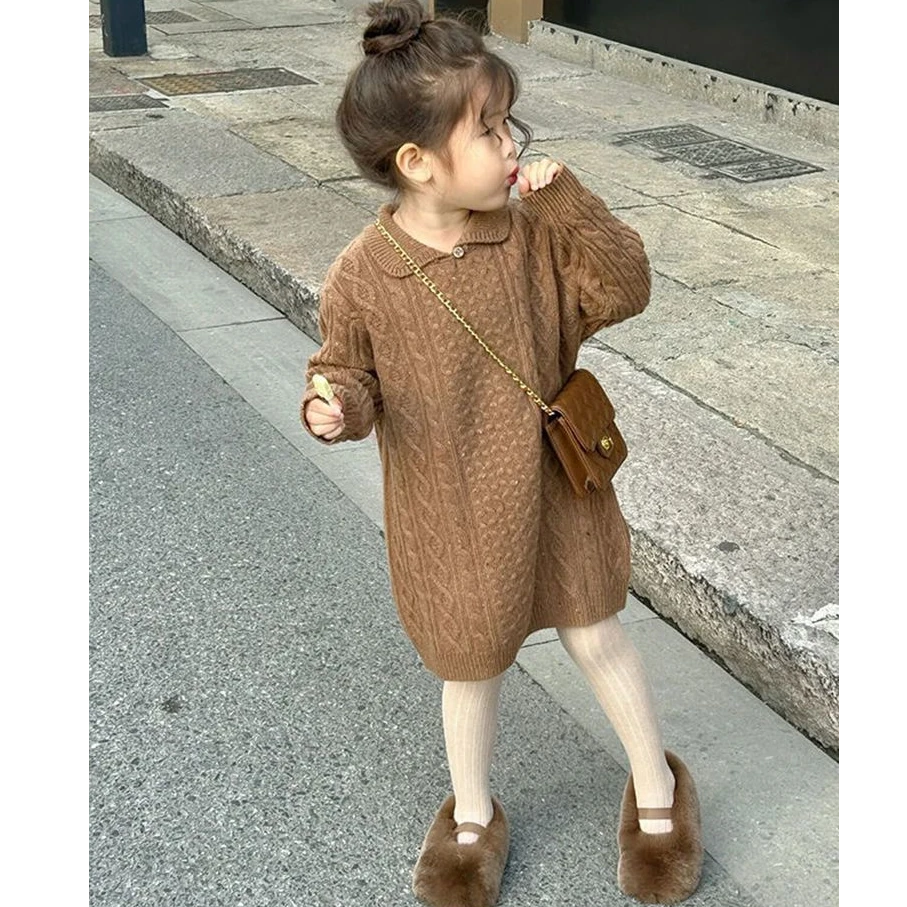 2025韩系秋冬新款女童时尚百搭慵懒风长袖咖色毛衣裙女宝宝针织群