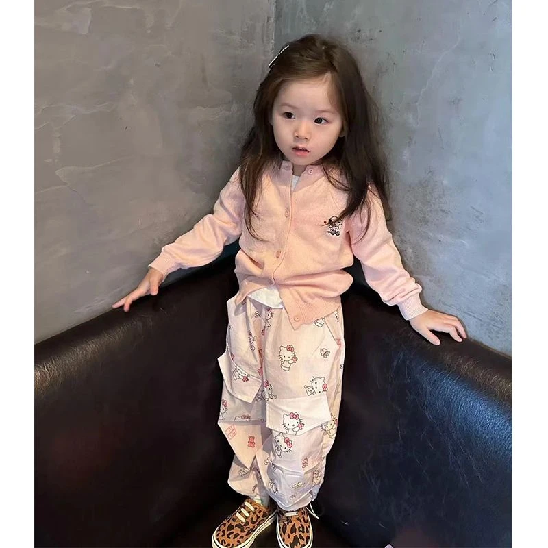 韩版女童2025秋季新款小香风粉色针织开衫中大童可爱猫工装裤潮