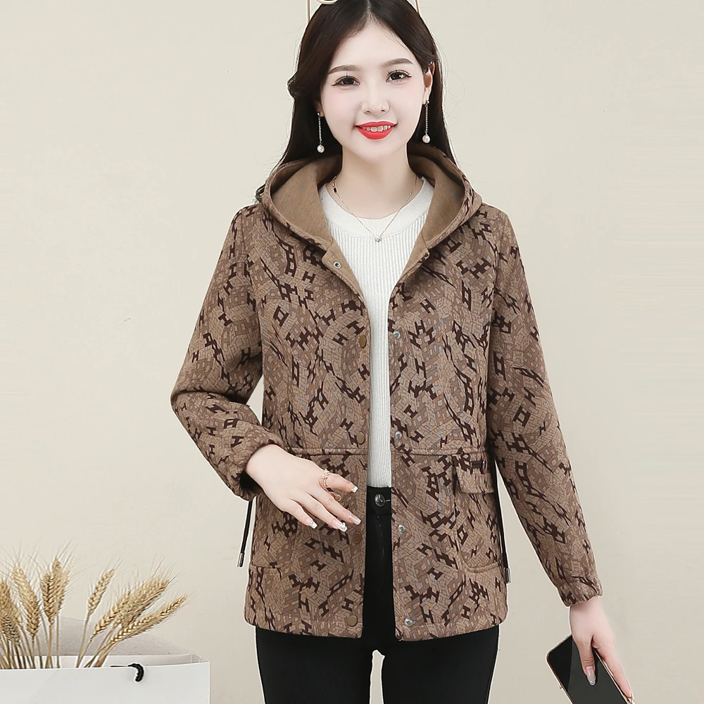 中老年连帽外套2024秋季新款时尚洋气印花夹克宽松休闲妈妈装上衣