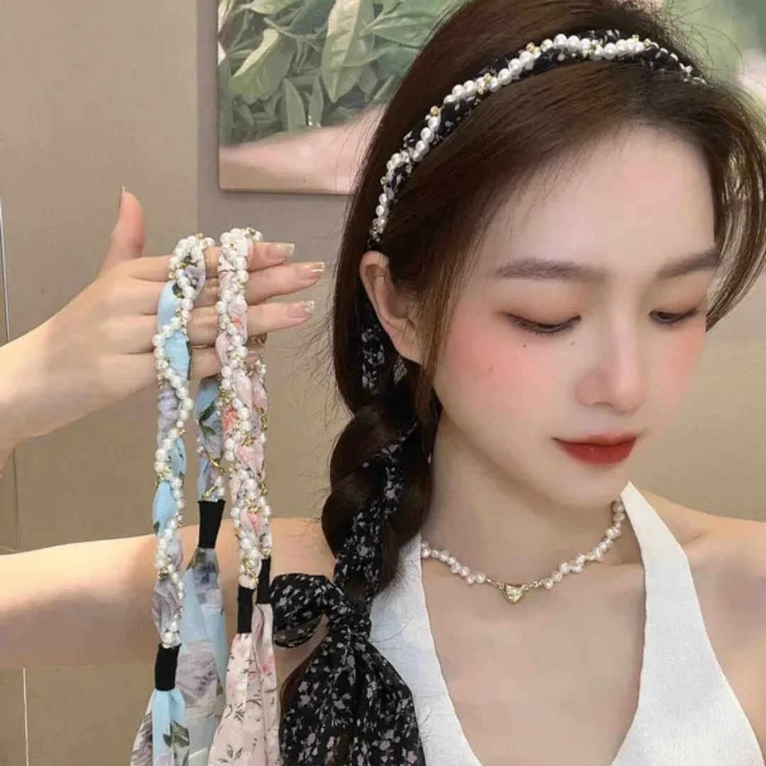 丝带碎花飘带一体发箍夏季薄款女珍珠头箍发带女绑发发卡头绳发饰