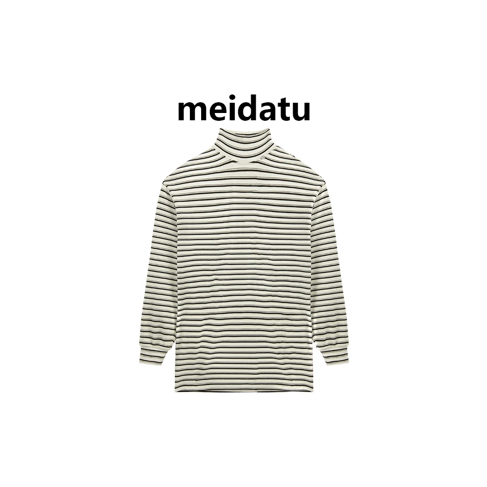 美哒兔（软糯条纹）冬季中高领宽松条纹加绒上衣（bk3333-5）