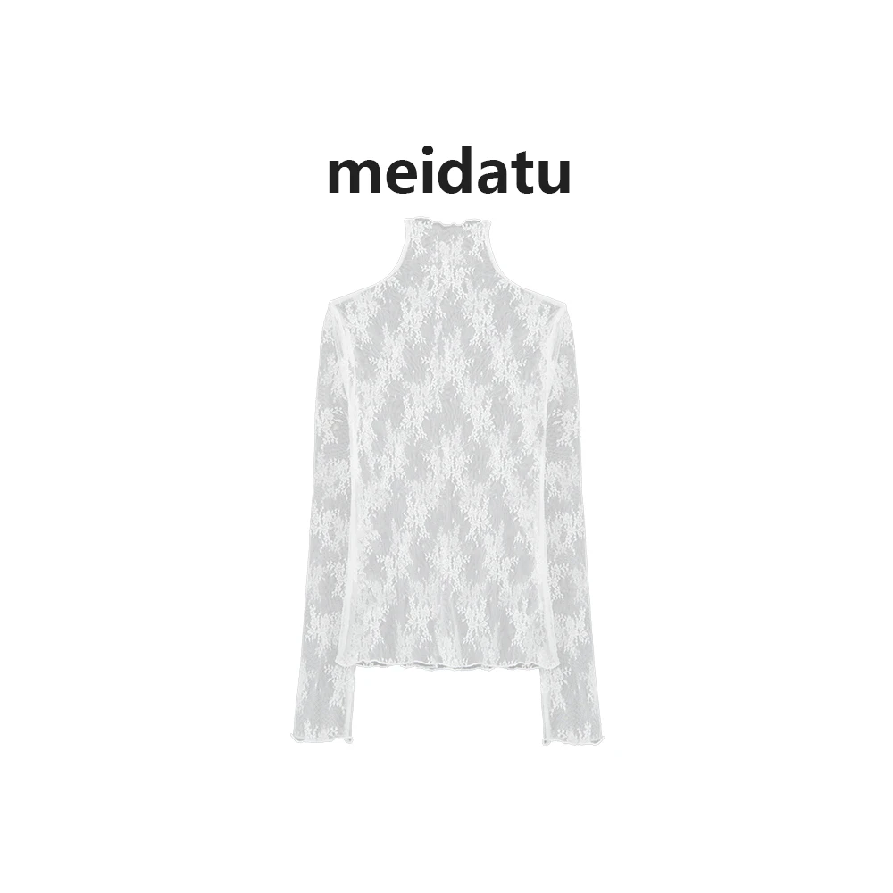美哒兔（透纱半调）蕾丝高领网纱打底衫（bk3367-6）