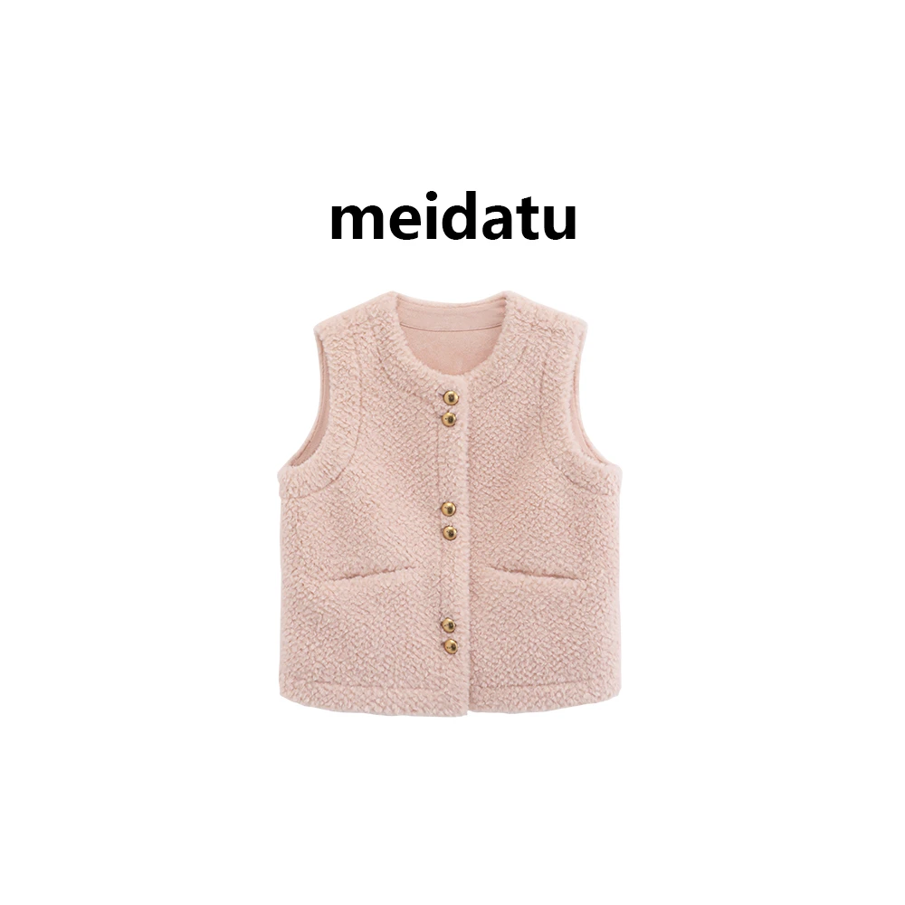 美哒兔（桃桃小羊羔）韩系温柔风单排扣羊羔绒马甲（bk3087-5H）