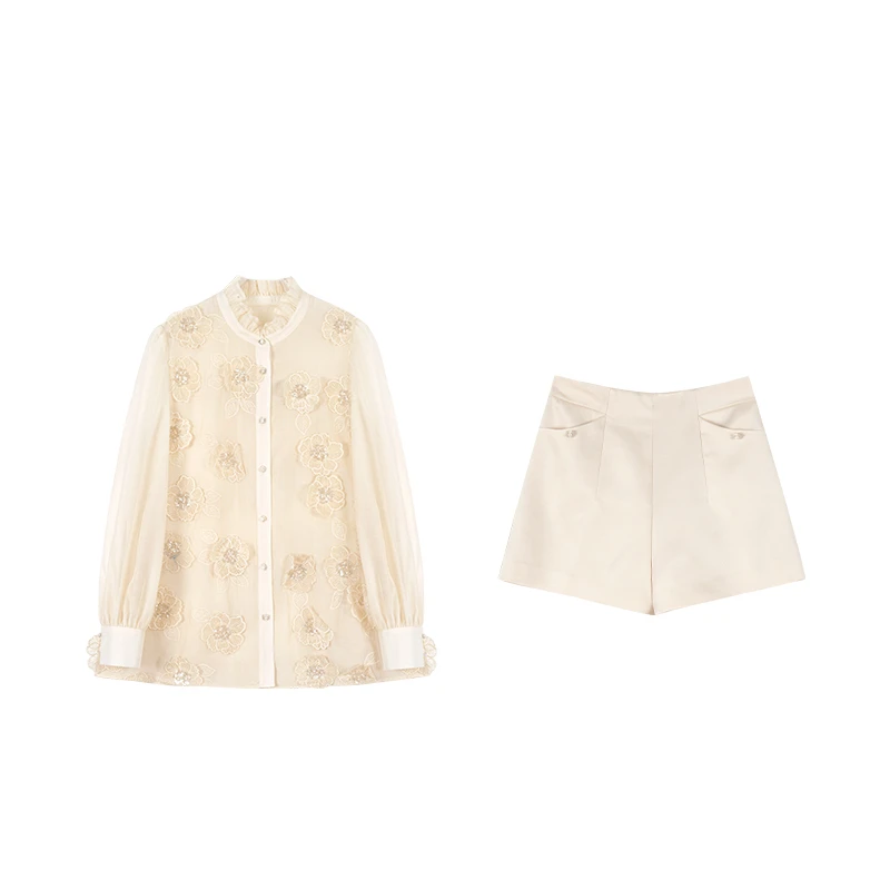 CUI CUI 崔崔【时空玫瑰园】法式小众别致洋气重工衬衫套装C023686