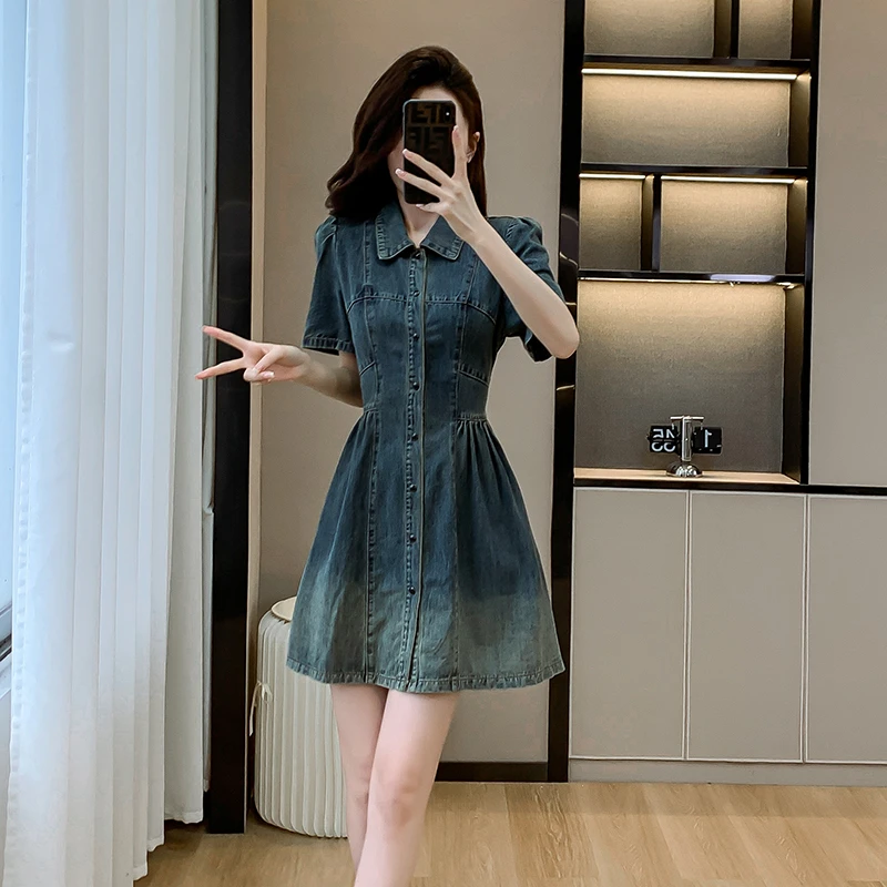 复古韩版牛仔连衣裙薄款女2024夏季新款小个子气质收腰显瘦短裙子