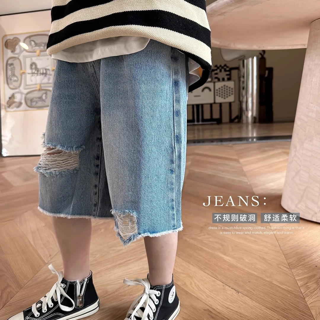 男童破洞牛仔裤夏装2025新款大童洋气薄款裤子儿童短裤潮宽松休闲