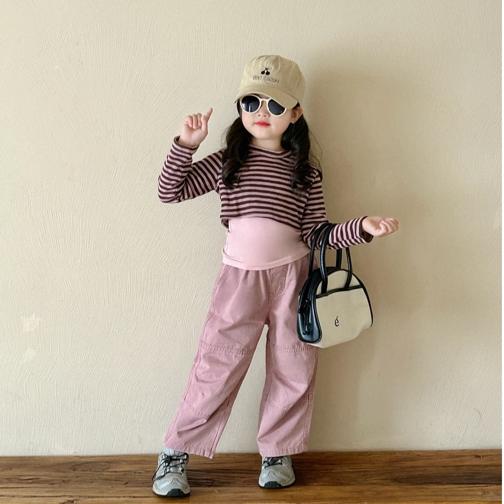 小言-2024秋季新款女童时髦假两件T恤+宝宝洋气百搭休闲工装裤