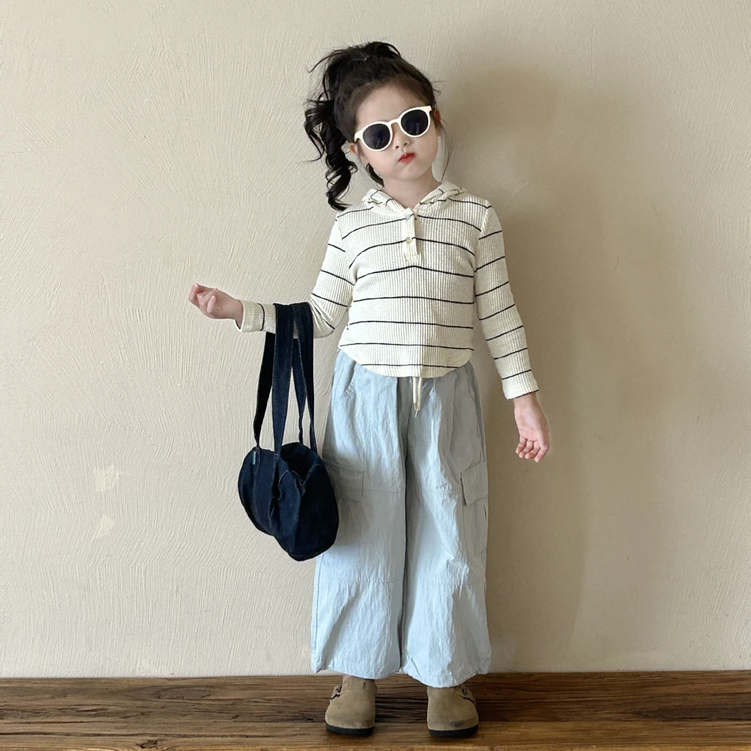 小言2024秋季新款女童条纹帽衫中小童儿童韩版打底衫长袖上衣洋气