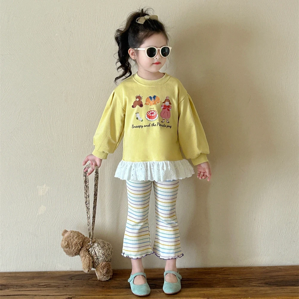 小言-2024浅秋新款女童卡通花边洋气卫衣韩版儿童女宝宝拼接上衣