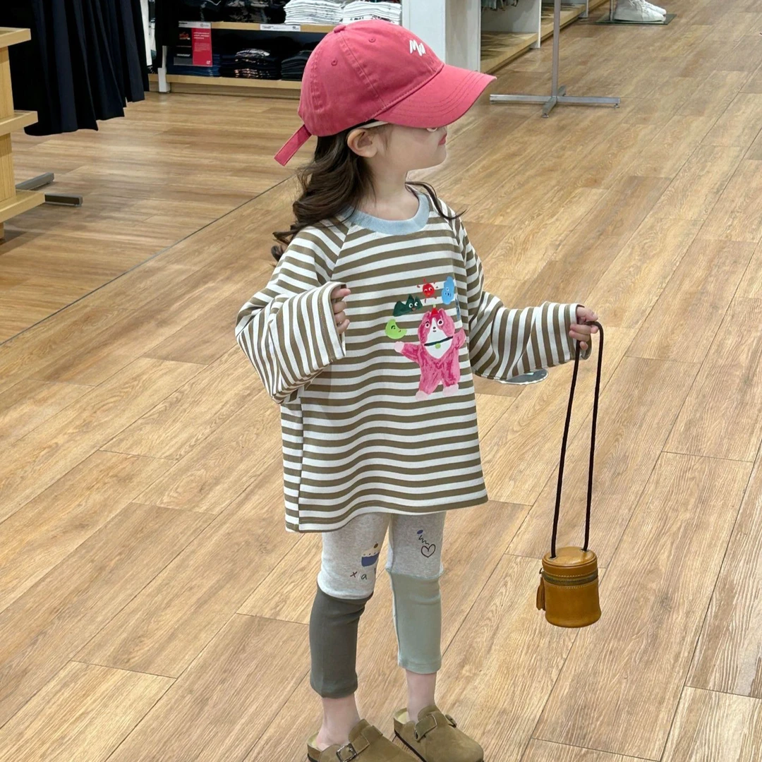 小言-2025春季新款韩版童装女童长袖卡通印花宽松幼儿园条纹T恤