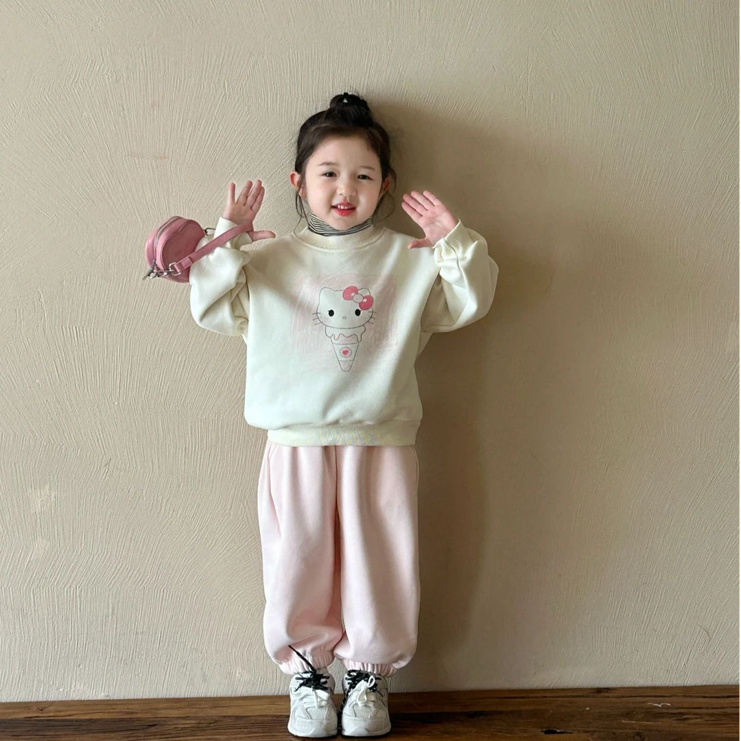 小言-2024冬季新款韩版童装女童可爱印花幼儿园卫衣卫裤加绒套装