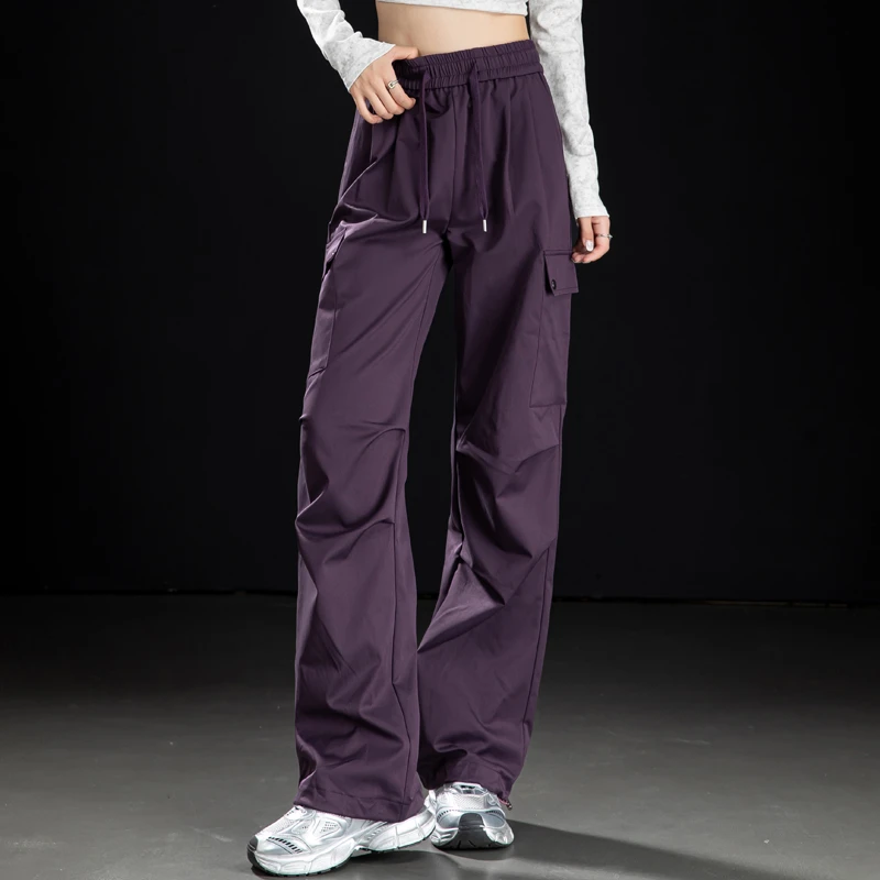 紫色工装裤女款2025新款秋冬抽绳束脚加绒阔腿裤女高腰直筒运动裤