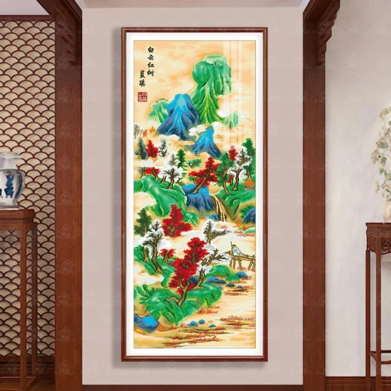 绣娘款:白云红树十字绣2023新款线绣竖版玄关刺绣（结300）