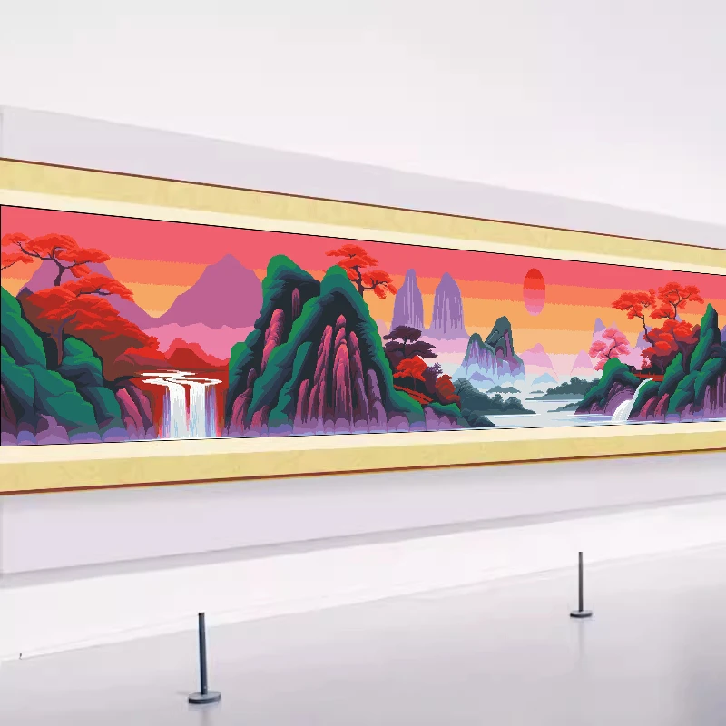 手工款:山川锦绣鸿运当头全景刺绣简单手工刺绣满绣37色