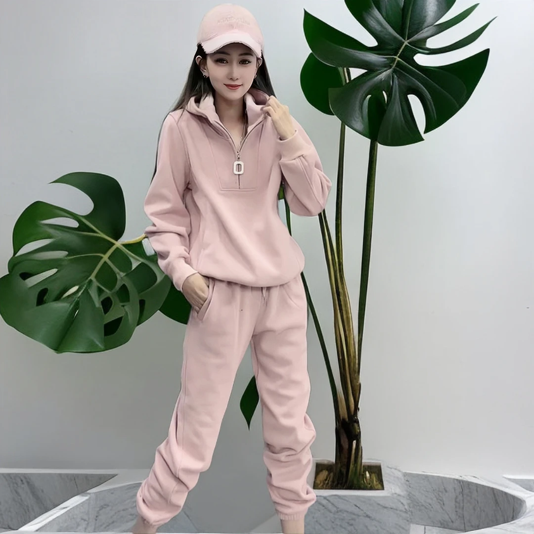 休闲套装女2023秋冬新款时尚加绒连帽卫衣+束脚裤宽松春秋两件套