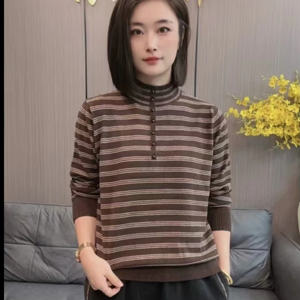 2024新款女士休闲时尚冬款半高领条纹毛衣针织衫显瘦套头时尚洋气