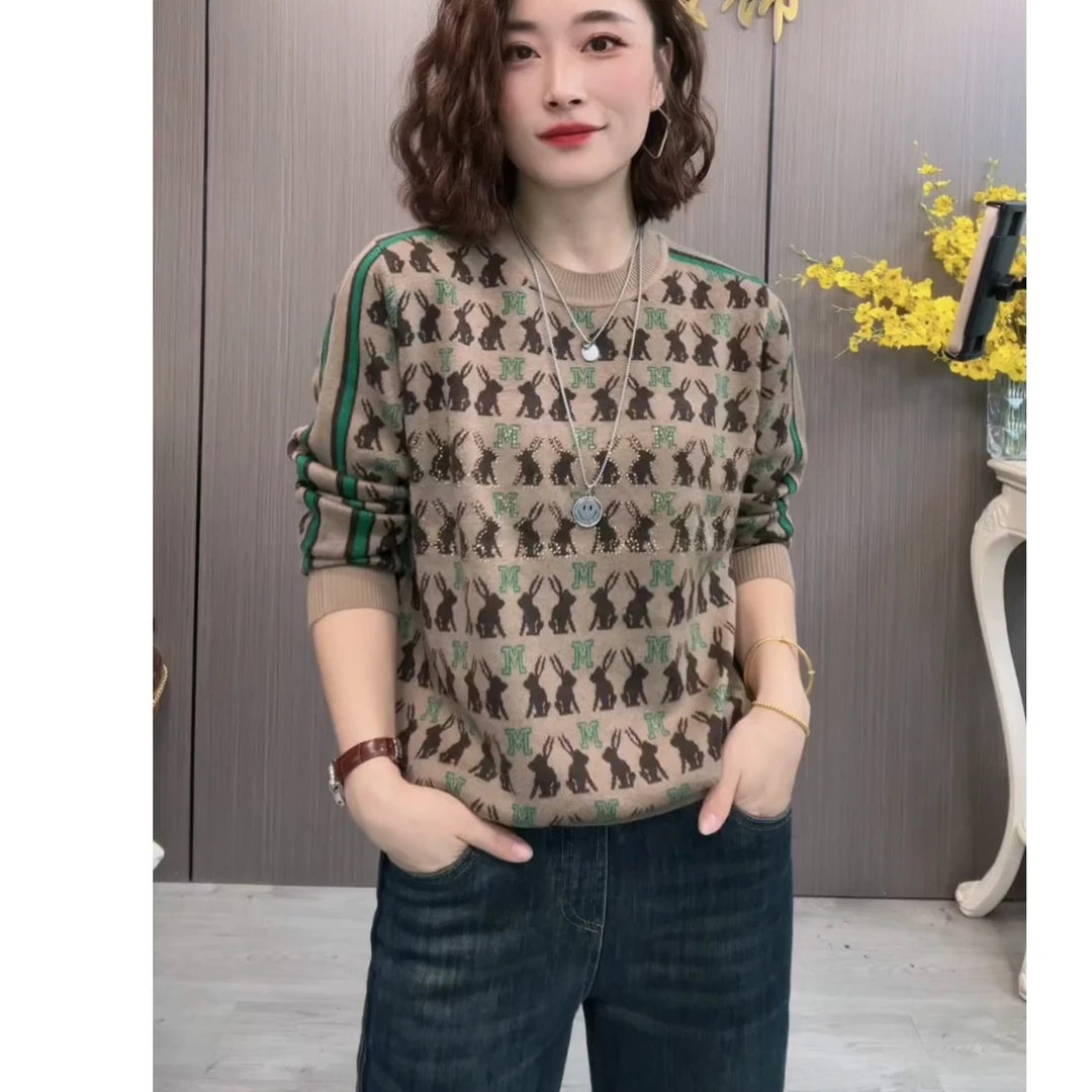 2024秋冬加厚洋气提花时尚减龄针织衫女秋冬百搭宽松遮肚打底衫女