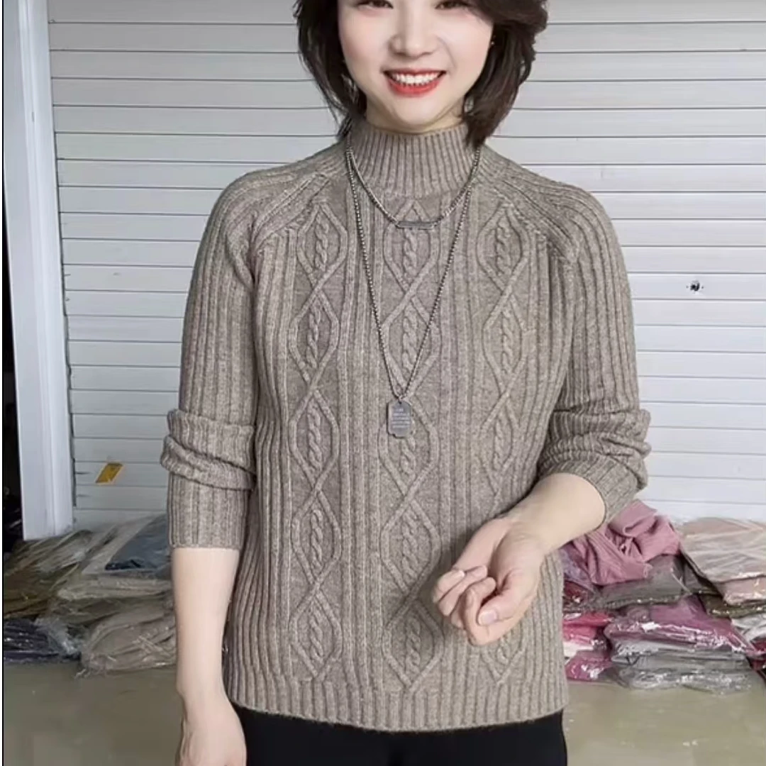 2024冬季加厚款半高领毛衣大麻花设计休闲百搭长袖针织衫保暖秋冬