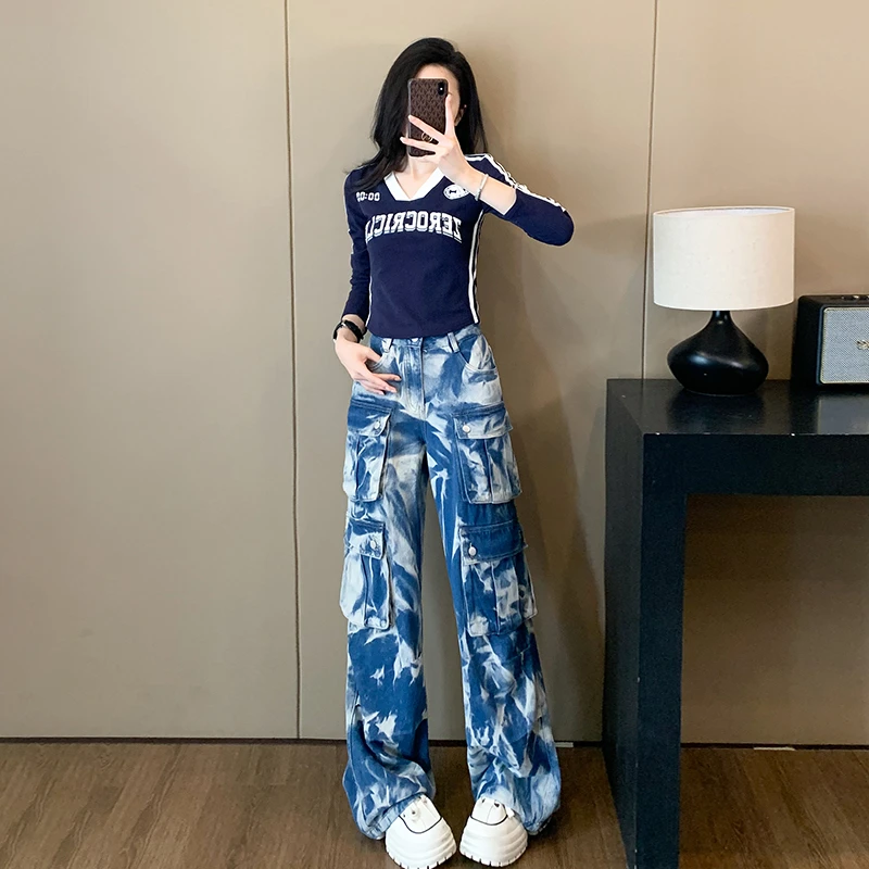 韩系印花长袖T恤女春秋2024新款重工扎染迷彩工装牛仔裤两件套潮