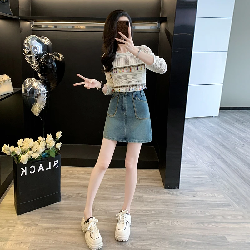 民族风流苏镂空针织衫长袖T恤女2025早秋新款包臀牛仔半身裙套装