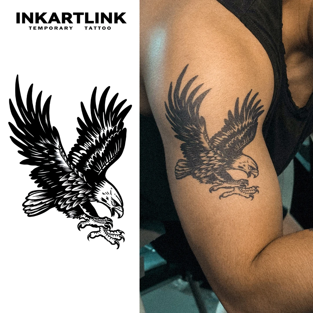 老鹰图案草本防水贴画可保持1-2周不反光逼真墨色纹身贴半永久