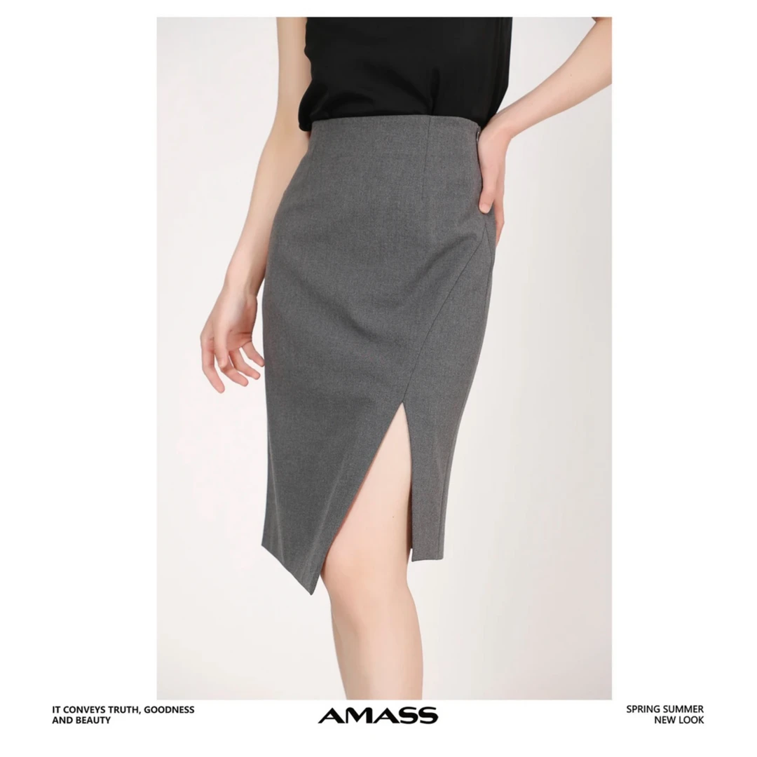 AMASS/阿玛施5200375 新款开叉显瘦短裙百搭高腰直身半身裙气质
