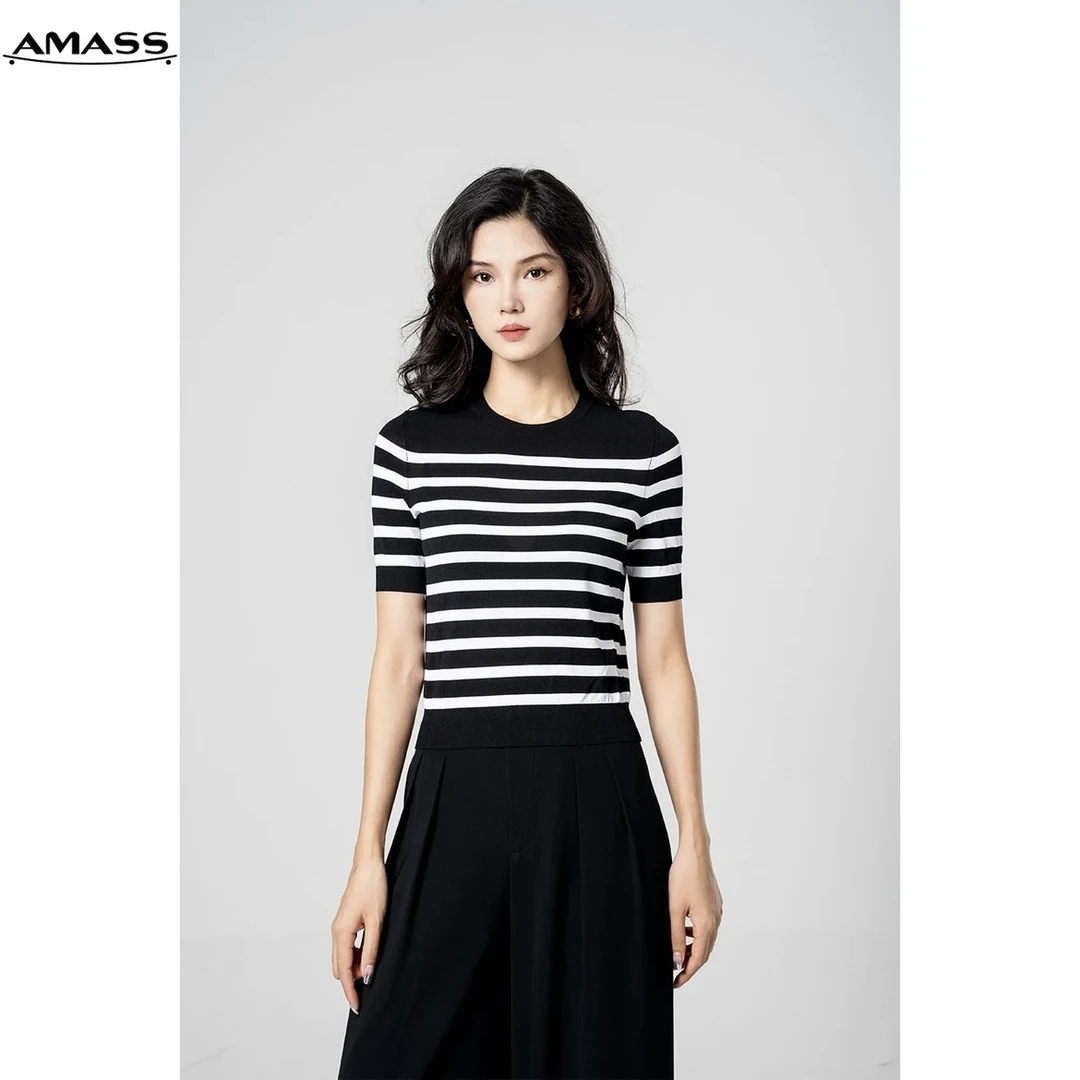 AMASS/阿玛施5399611 今年新款针织T恤夏季百搭休闲时尚圆领条纹