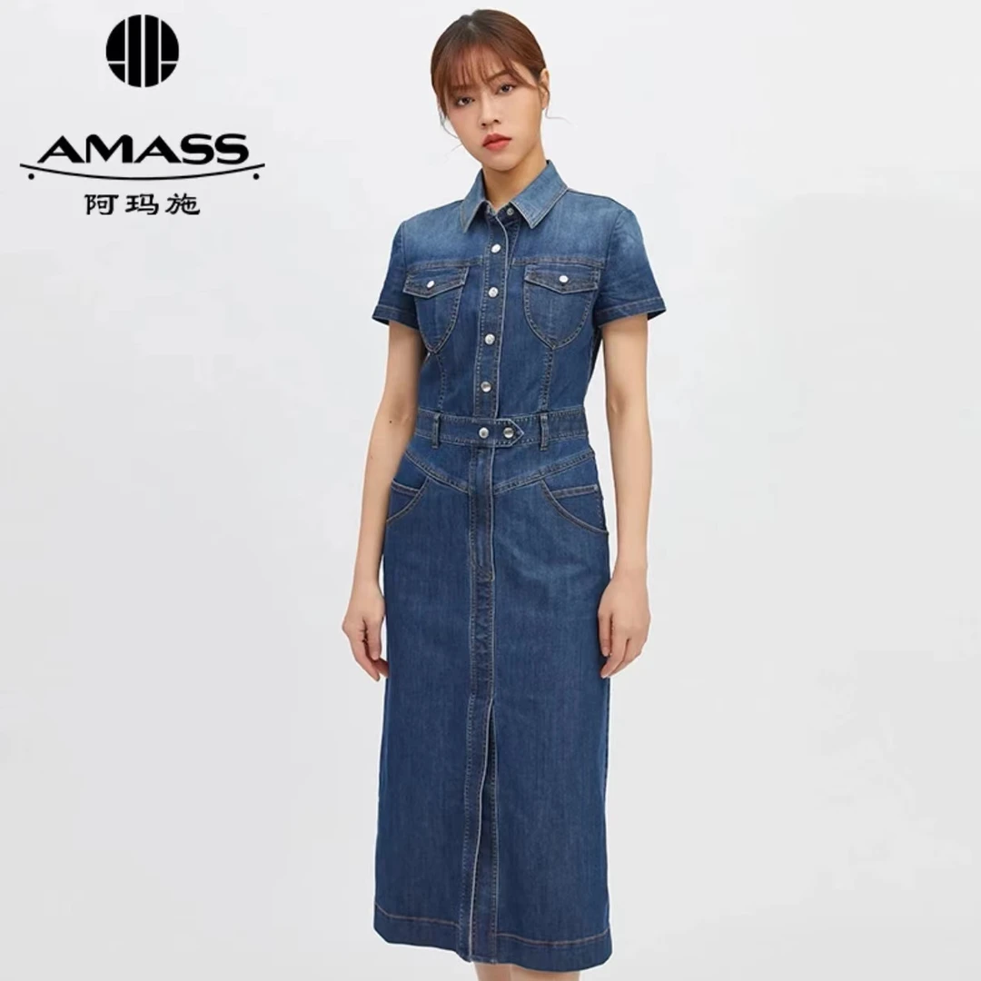 AMASS/阿玛施5500257新款复古丹宁牛仔显瘦气质蓝时尚女装连衣裙