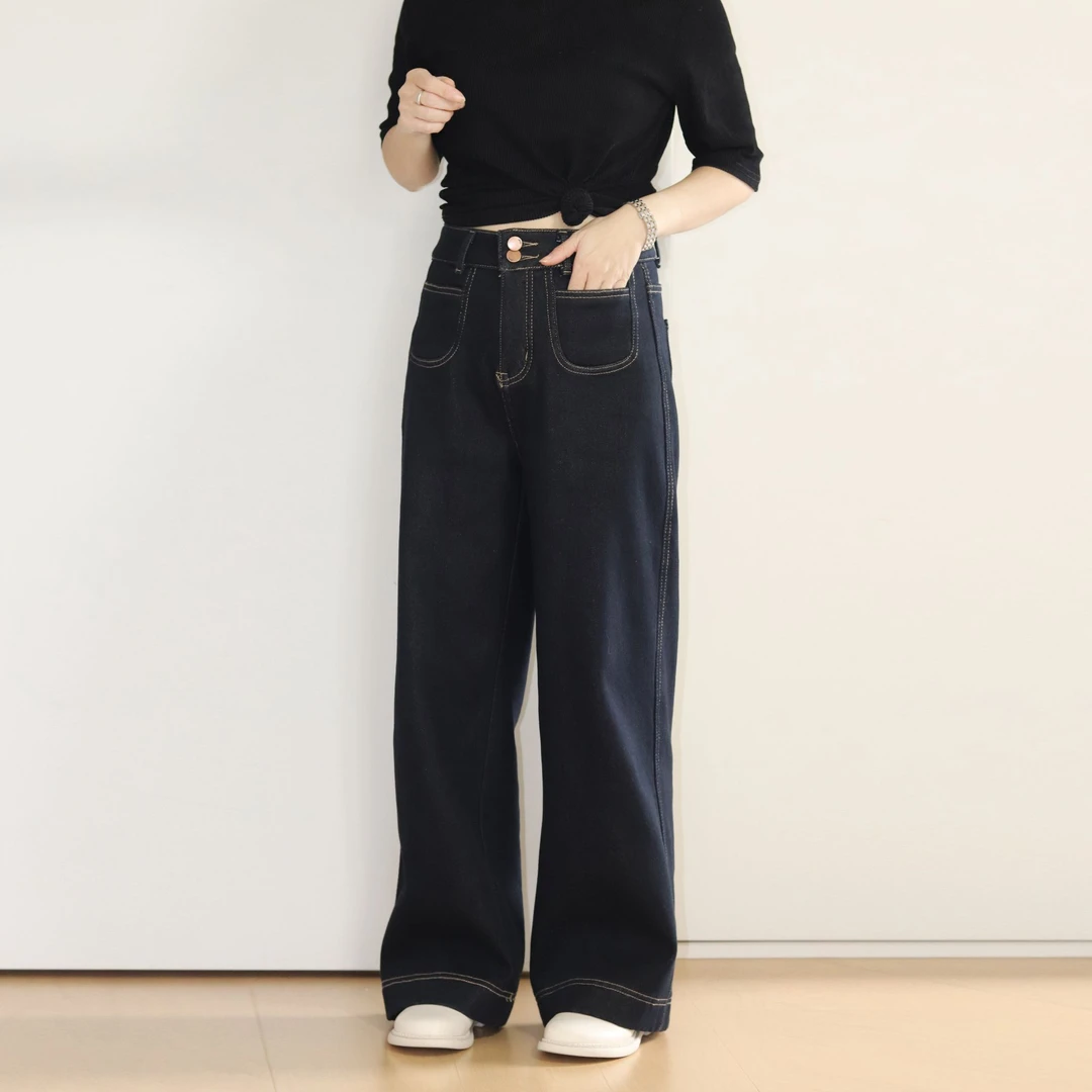 2024冬季新款加绒加厚牛仔裤显瘦高腰直筒宽松垂感百搭女士长裤