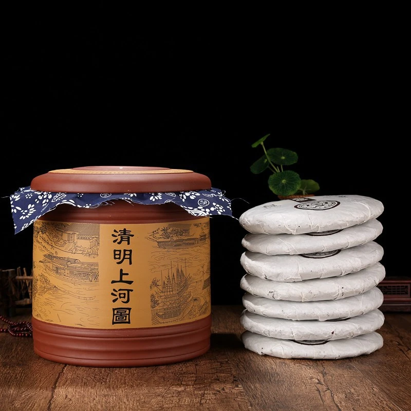 【手工醒茶罐】紫砂大号茶叶罐清明上河图普洱茶叶罐子粗陶瓷茶具厂