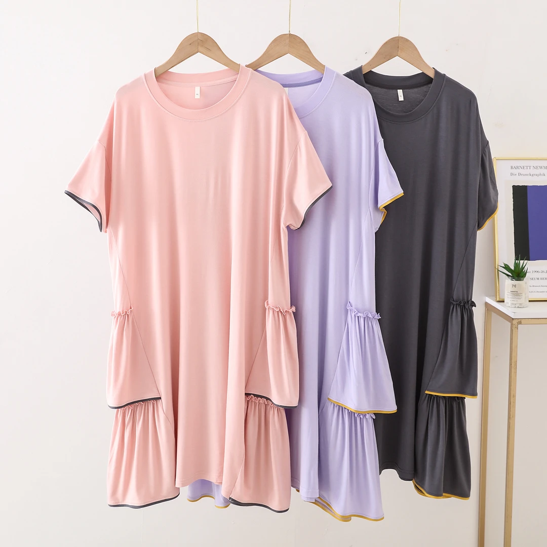 新款高档莫代尔睡裙夏季宽松韩版宽松大码时尚连衣裙家居裙孕妇