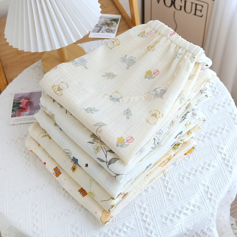 纯棉绉布孕妇裤春夏大码宽松薄款家居裤女士双层纱布睡裤透气长裤