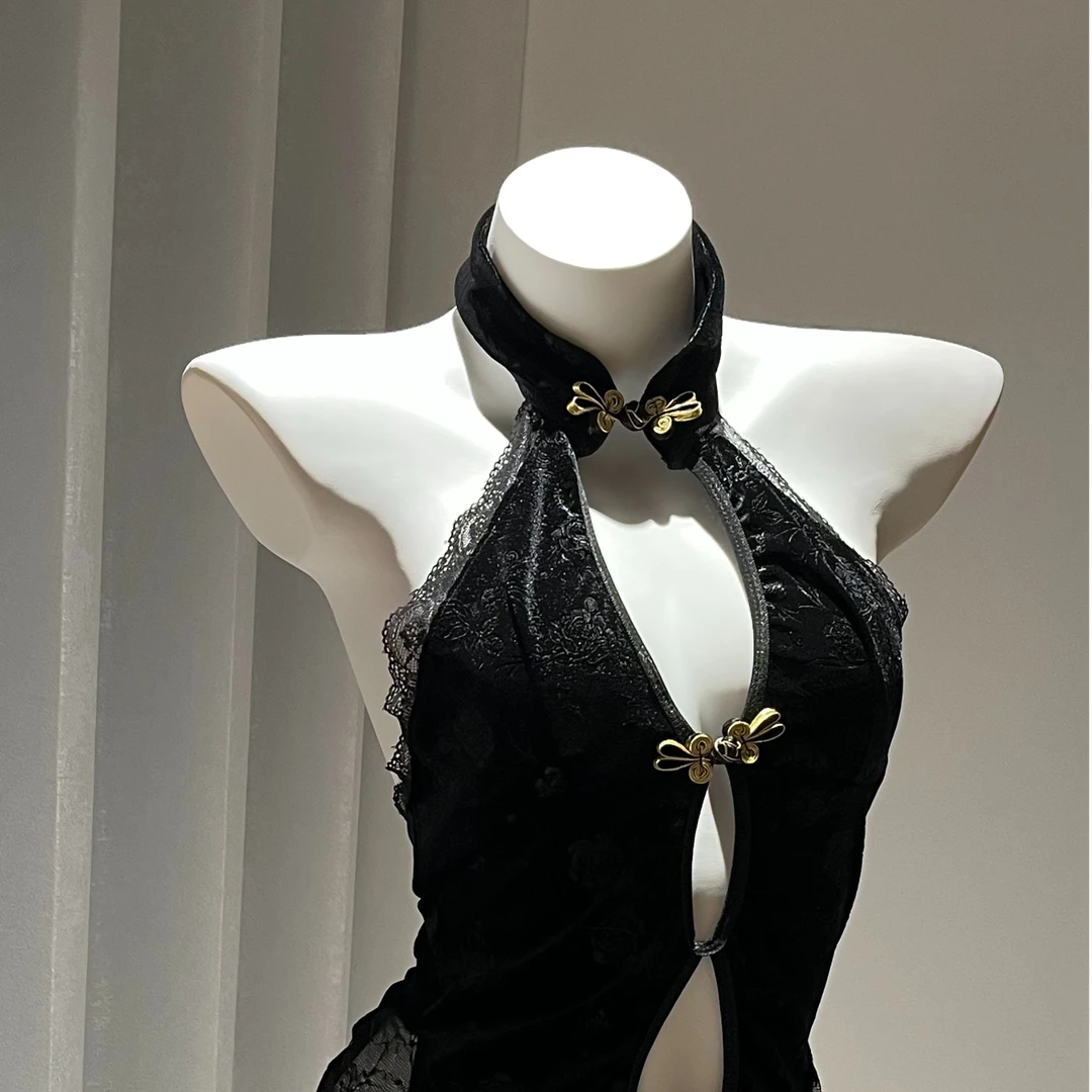 Yes store【花样年华】新中式旗袍紧身性感约会黑色韩国绒复古